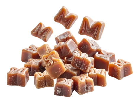 A pile of light brown, square candies, shaped like the letter "M