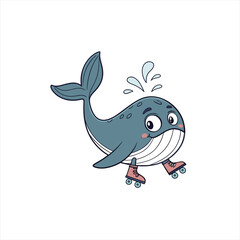 Cute cartoon whale wearing roller skates and spraying water