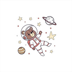 Cute cartoon bear astronaut floating in space with stars and planets