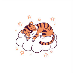 Cute cartoon tiger sleeping peacefully on a fluffy cloud with stars