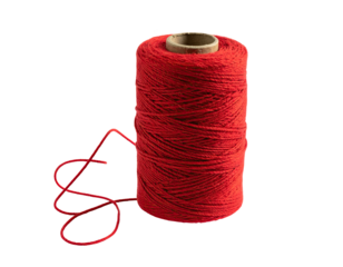 A spool of vibrant red thread, with a piece extending from the spool