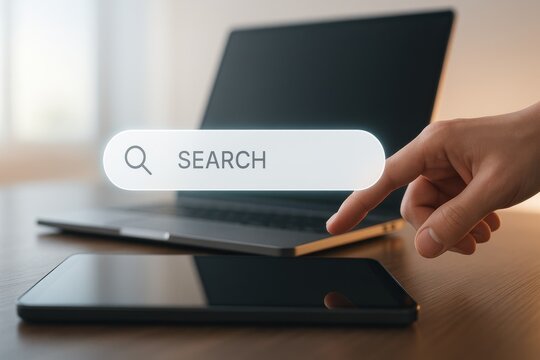 Finger touching holographic search bar with laptop and tablet on modern desk
 - Powered by Adobe