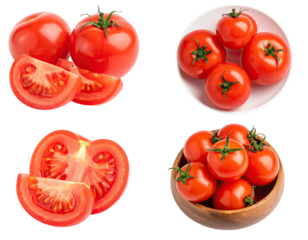 Four vibrant red tomatoes, whole and sliced, displayed in a grid layout