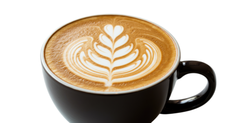 Latte art in a black cup coffee drink.