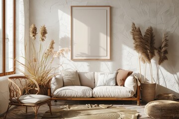 Frame mockup in Scandinavian living room interior, 3d render