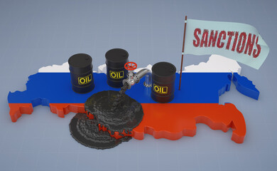 3D concept of economic sanctions on Russian oil. The pipe from which oil is poured onto the map of Russia symbolizes the trade embargo and geopolitical crisis.