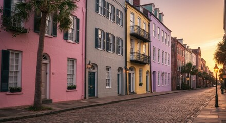 Fototapeta premium Colorful row of historic buildings at dawn