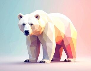 A low poly polar bear stands on a pink and blue background