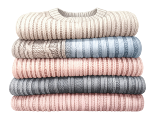 Stack of five knitted sweaters in various pastel colors and textures