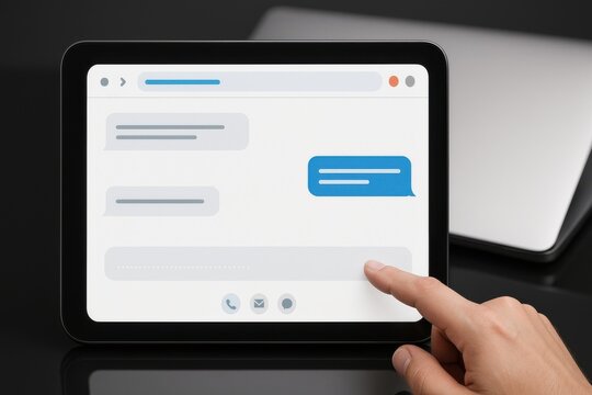 Tablet with chatbot conversation screen showing user input and assistant reply bubbles
