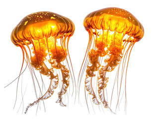 Two golden jellyfish, translucent bodies with intricate detail, glowing orange-gold, against a black background