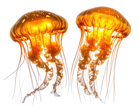 Two golden jellyfish, translucent bodies with intricate detail, glowing orange-gold, against a black background