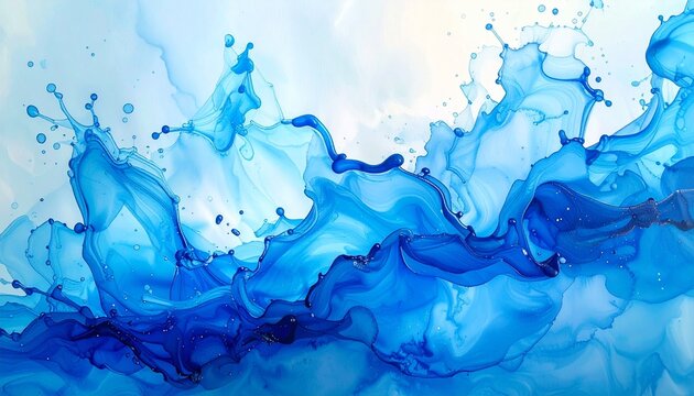 Beautiful blue splashes of alcohol ink create an abstract background full of flowing shapes, soft textures, fluid patterns, artistic movement, gentle gradients, dreamy atmosphere, modern design, creat
