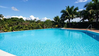 Fototapeta premium Water, swimming pool, horizontal shot, clear surface, pure light blue color, sunlight reflections, calm and fresh atmosphere, clean liquid texture, outdoor leisure, summer season, peaceful mood, brigh