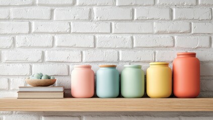 Colorful jars on a wooden shelf against a white brick wall.  A small bowl of light-colored objects sits on a stack of books