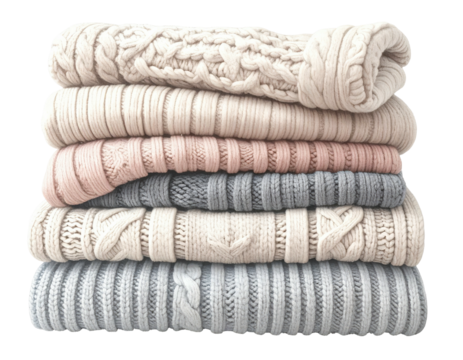 A stack of folded sweaters in pastel shades of cream, light pink, and gray.  The sweaters are knitted with various patterns, creating texture and depth