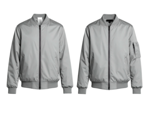 Two light gray bomber jackets, front views, side-by-side