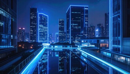 Modern city with skyscrapers illuminated by vibrant blue neon lights at night, creating futuristic atmosphere, reflecting on glass buildings, showing energy, technology, architecture, innovation, urba