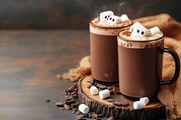Hot chocolate with marshmallow ghosts served in black mugs on rustic wooden tray, creating cozy and inviting winter treat with touch of fun and warmth