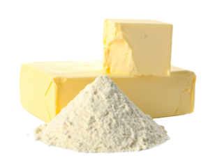 Reconstituted butter powder with a pat of butter isolated on white, a shelf-stable dairy product.