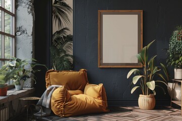 Frame mockup in cozy dark room interior background, 3d render