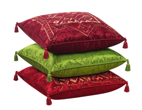 Three decorative velvet pillows stacked, displaying intricate patterned embroidery and tassels