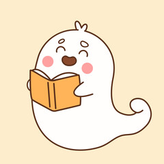 Cute Halloween ghost reading a book. Vector illustration.