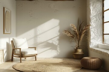Home interior mock up, cozy modern room with natural wooden furniture, 3d render