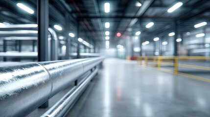 Industrial Silver Pipes System in a Warehouse with Fluorescent Lighting and Concrete Floor Cinematic HDR