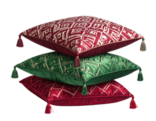 Three stacked velvet decorative pillows in varying shades of crimson, emerald green, and burgundy, featuring a repeating abstract pattern