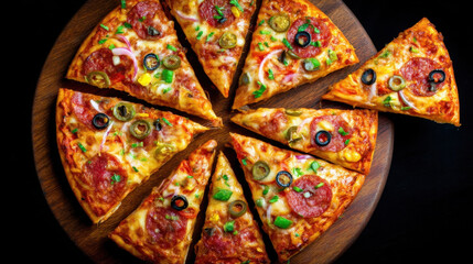 Top view of pepperoni pizza with olives, jalapenos and cheese, sliced and arranged on a wooden plate
