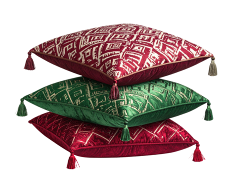 Three stacked velvet decorative pillows in varying shades of crimson, emerald green, and burgundy, featuring a repeating abstract pattern