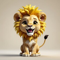 A cartoon lion is comfortably sitting down on a bright white background