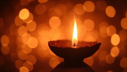 Burning candle with warm golden flame and glowing bokeh background