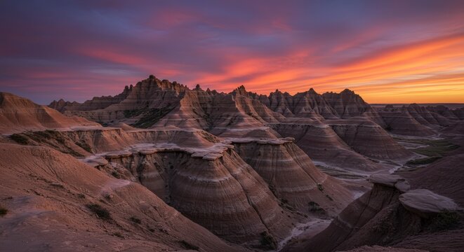 Colorful sunset over badlands national park