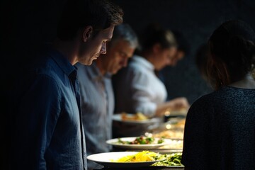 A diverse group savoring a dim-lit buffet, capturing autumnal equinox feasting and communal delight in shadowed reflections