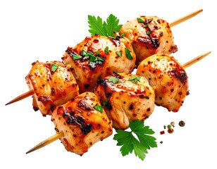 Golden-brown chicken skewers, garnished with fresh herbs and spices