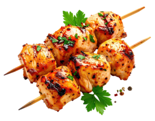 Golden-brown chicken skewers, garnished with fresh herbs and spices