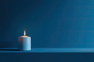 Single white candle on a shelf against a deep blue textured wall.  Soft light highlights the flame