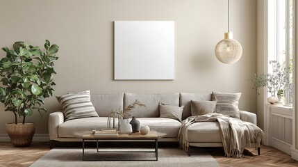 Beige Wall and Sofa with a Blank Frame Mockup / ベージュの壁とソファ、空白フレームのモックアップ