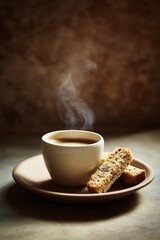 Fototapeta premium Steaming espresso with biscotti whispers 'hygge' coziness, perfect for International Coffee Day or Italy's Festa del Caffe