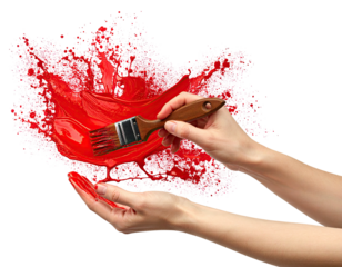 Hands holding a paintbrush, dripping with vibrant red paint