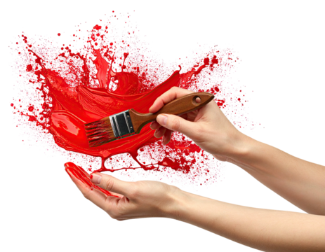 Hands holding a paintbrush, dripping with vibrant red paint