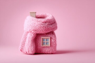 A tiny pink house wrapped in a pink knitted scarf, against a solid pink background