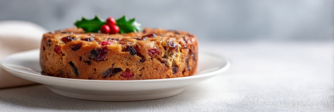 Festive holly-topped fruitcake whispers yuletide joy and secret solstice gatherings, a blend of holiday nostalgia and winter warmth