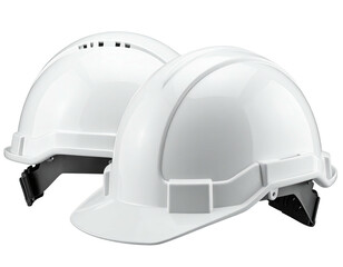 Two white safety hard hats, glossy finish,  angled view,  showing  ventilation holes