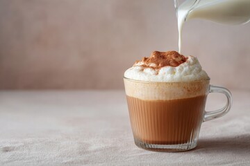 Creamy cinnamon-spiced latte with velvet foam, evoking autumnal equinox coziness and International Coffee Day warmth, a comforting brew