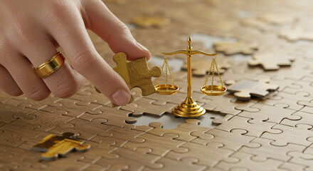 Lawyer's Day. The hand places the golden puzzle piece next to the golden scales of justice on the wooden table