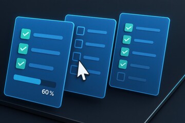 Digital checklist interface with blue cards, checkmarks, and 60 percent progress bar
