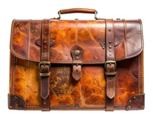 Aged, rich brown leather briefcase with decorative hardware